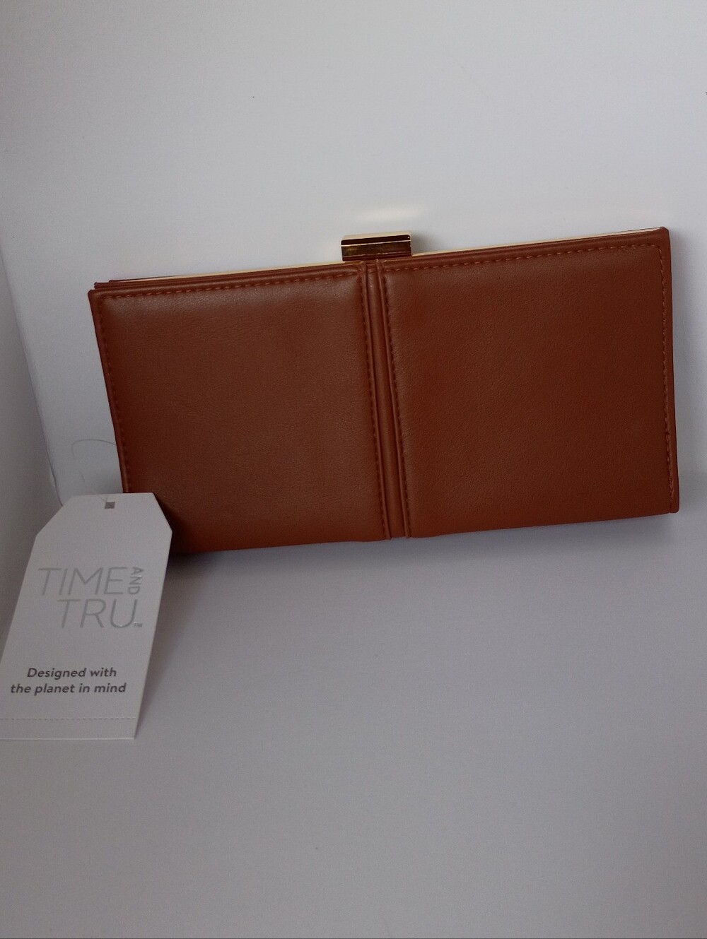 Time and Tru Brown Faux Leather Wallet Clutch with Gold Clasp.  0018
